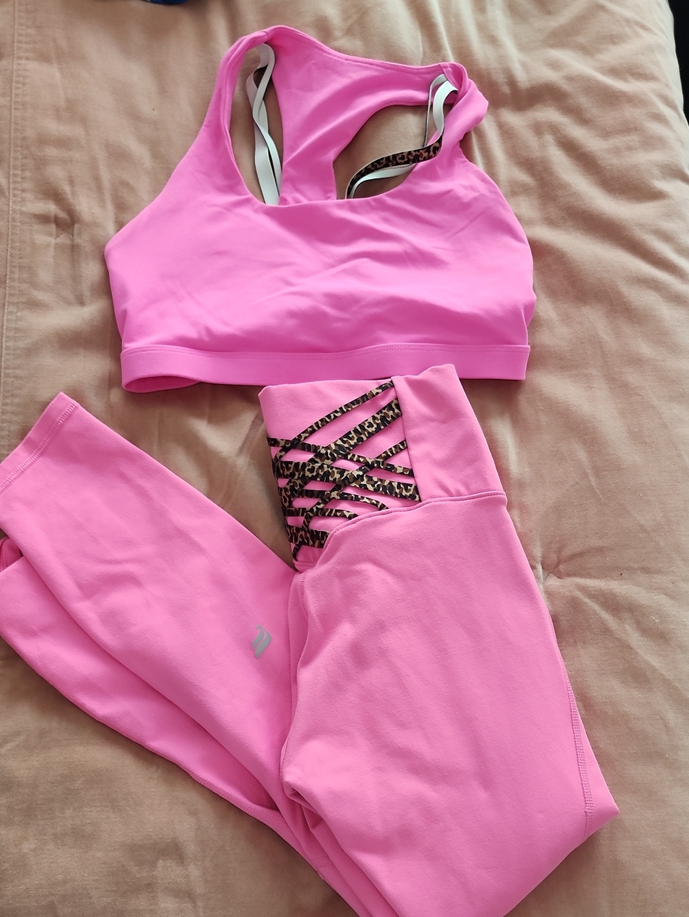 Fabletics Pink Leggings and Sports Bra Set with Leopard-Print Straps